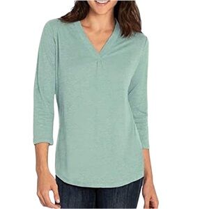 Orvis Blue Green Long Sleeve Linen a blend V Neck T Shirt Size Large